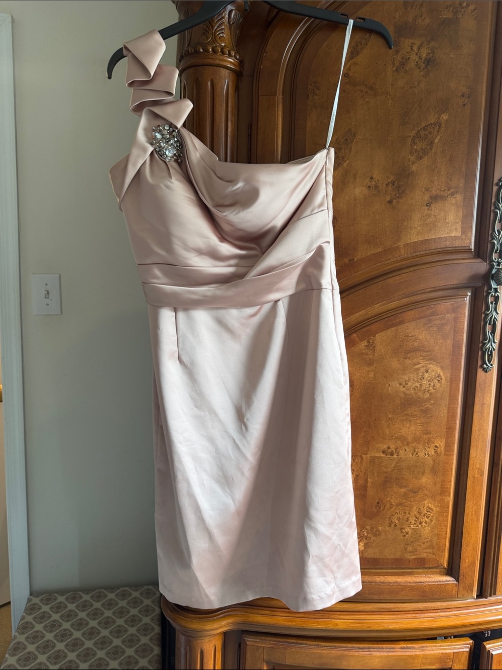 Cachet One-Shoulder Blush Dress with Rhinestone Accent